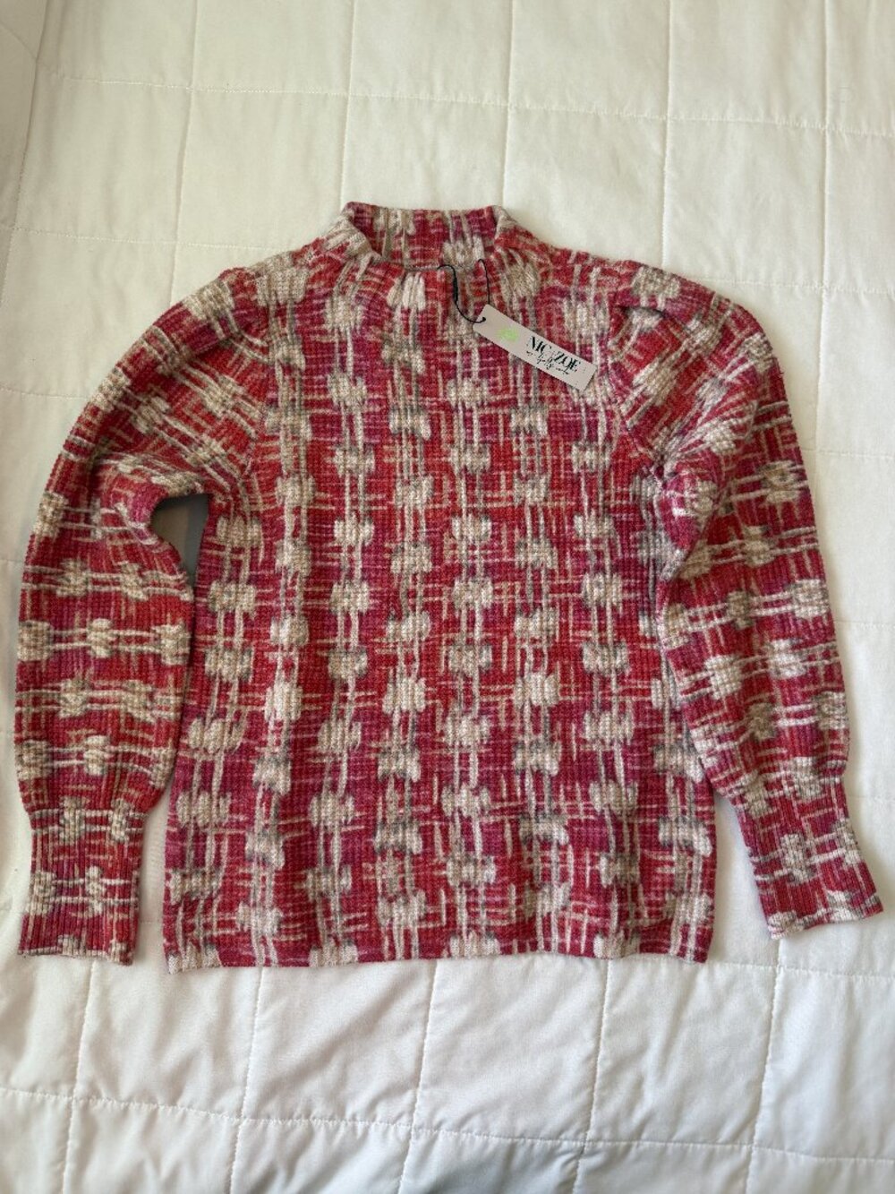Nic+Zoe Tweed Mock Neck Sweater Red Cream Size PP